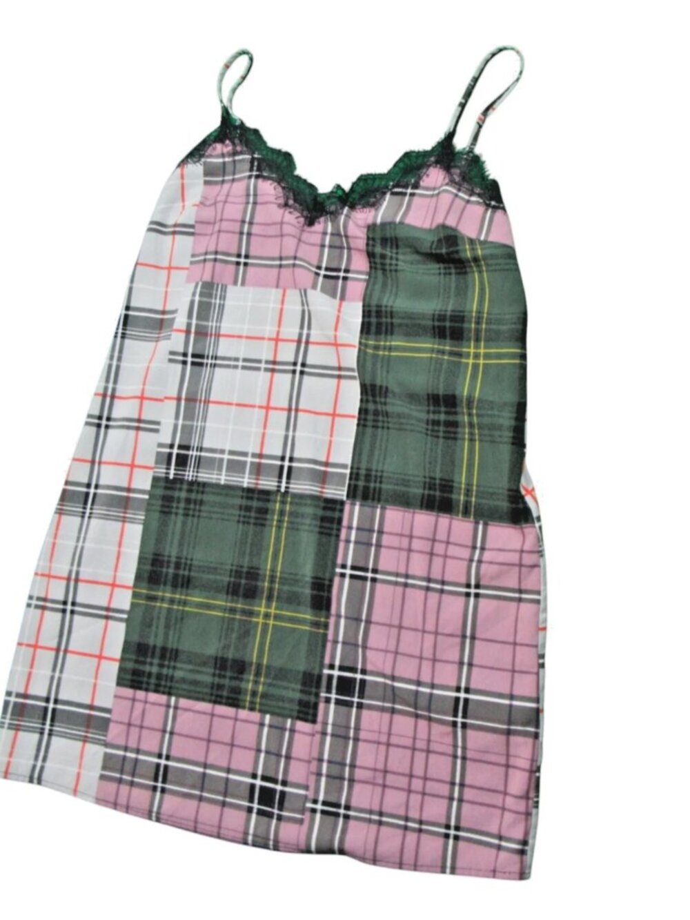 Guess Pink Green Plaid Patchwork Lace Trim Slip Top Tunic Blouse Womens Small